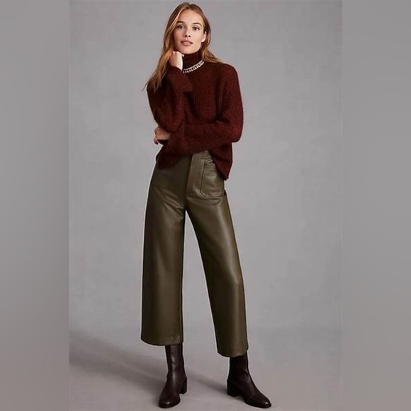 Anthropologie Pants - Chic Anthropologie Olive Green Pleather Wide Leg Cropped Pants